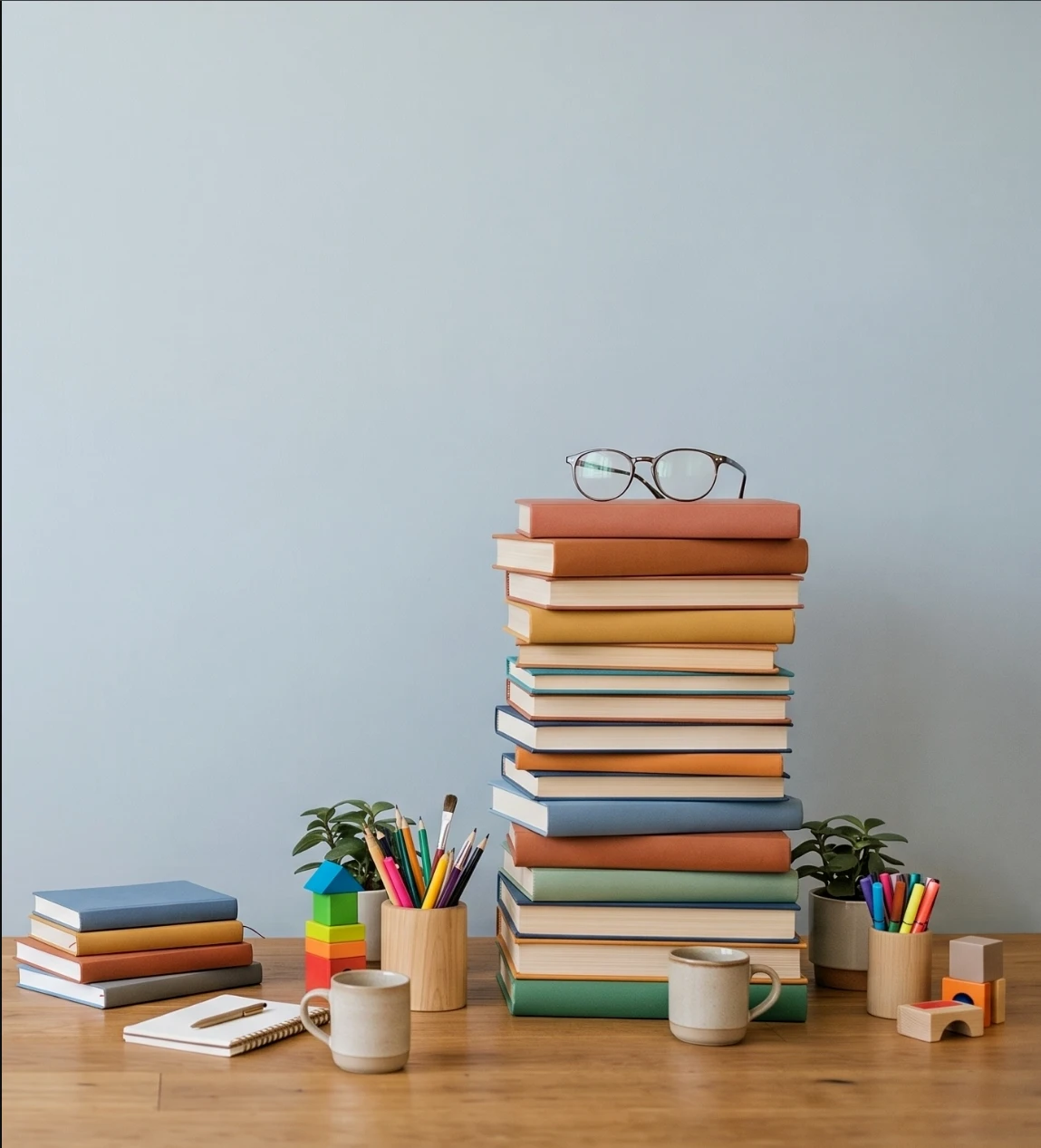 A stack of colorful books topped with reading glasses on a wooden desk, with pencils, building blocks, plants and coffee mugs